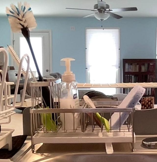 Sink caddy holding various kitchen items