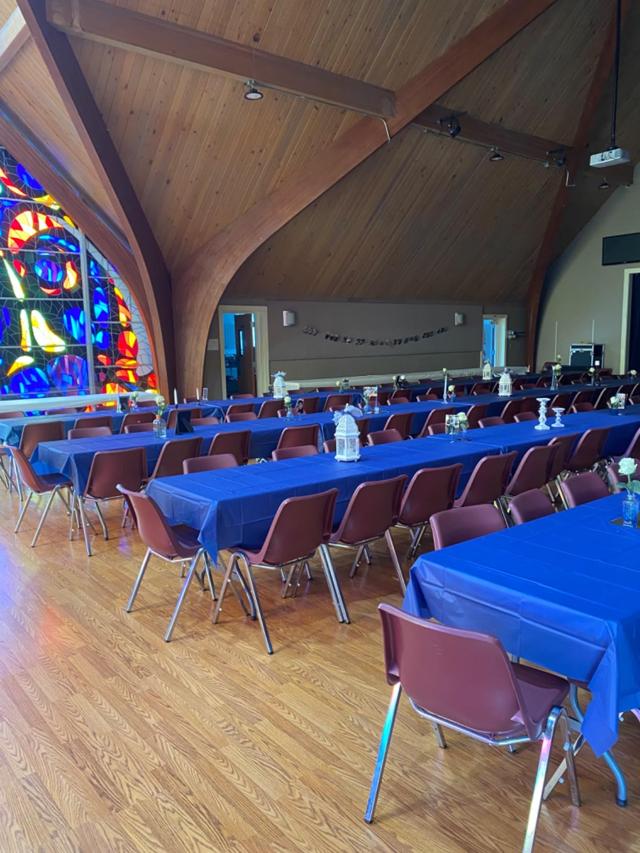 Navy blue tablecloth on table