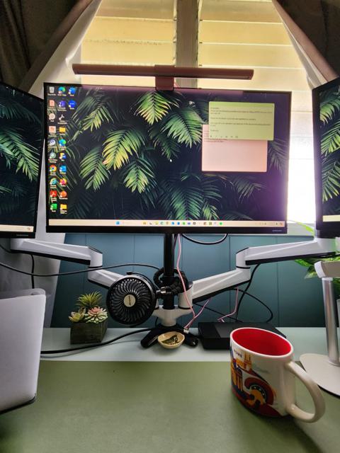 User's workspace with Samsung monitor setup.