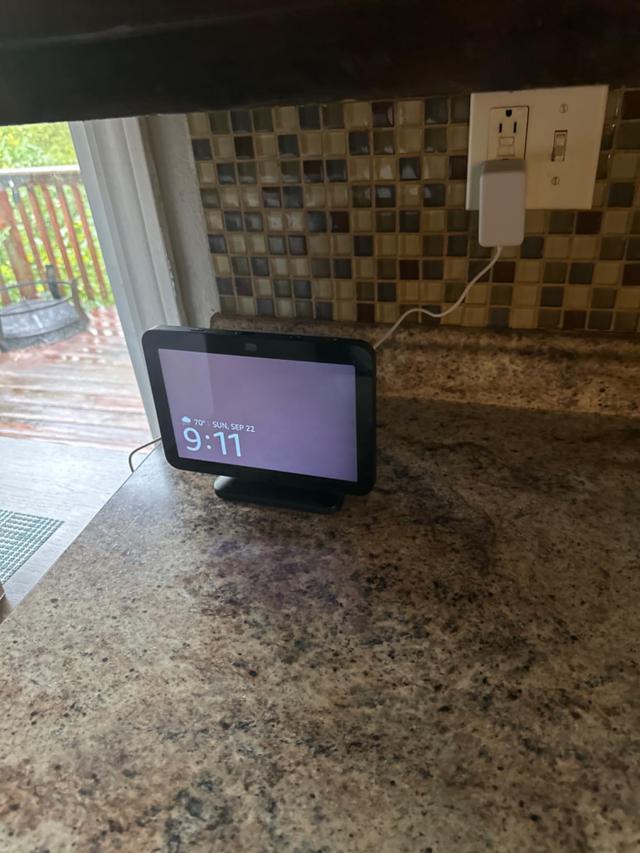 Echo Show 8 on adjustable stand in kitchen