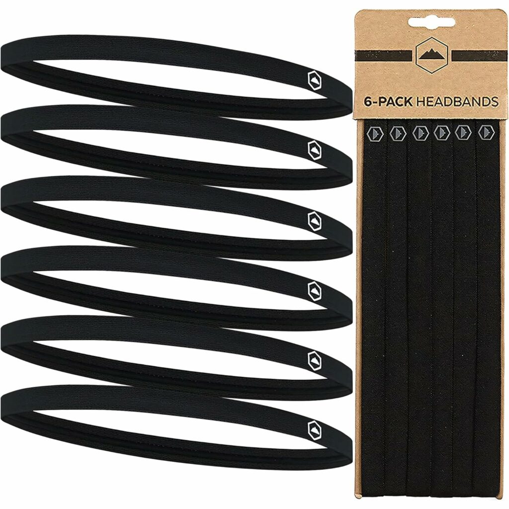 Tough Headwear Thin Elastic Sports Headbands for Women & Men, Workout, Running, Soccer Headband - 6 Black