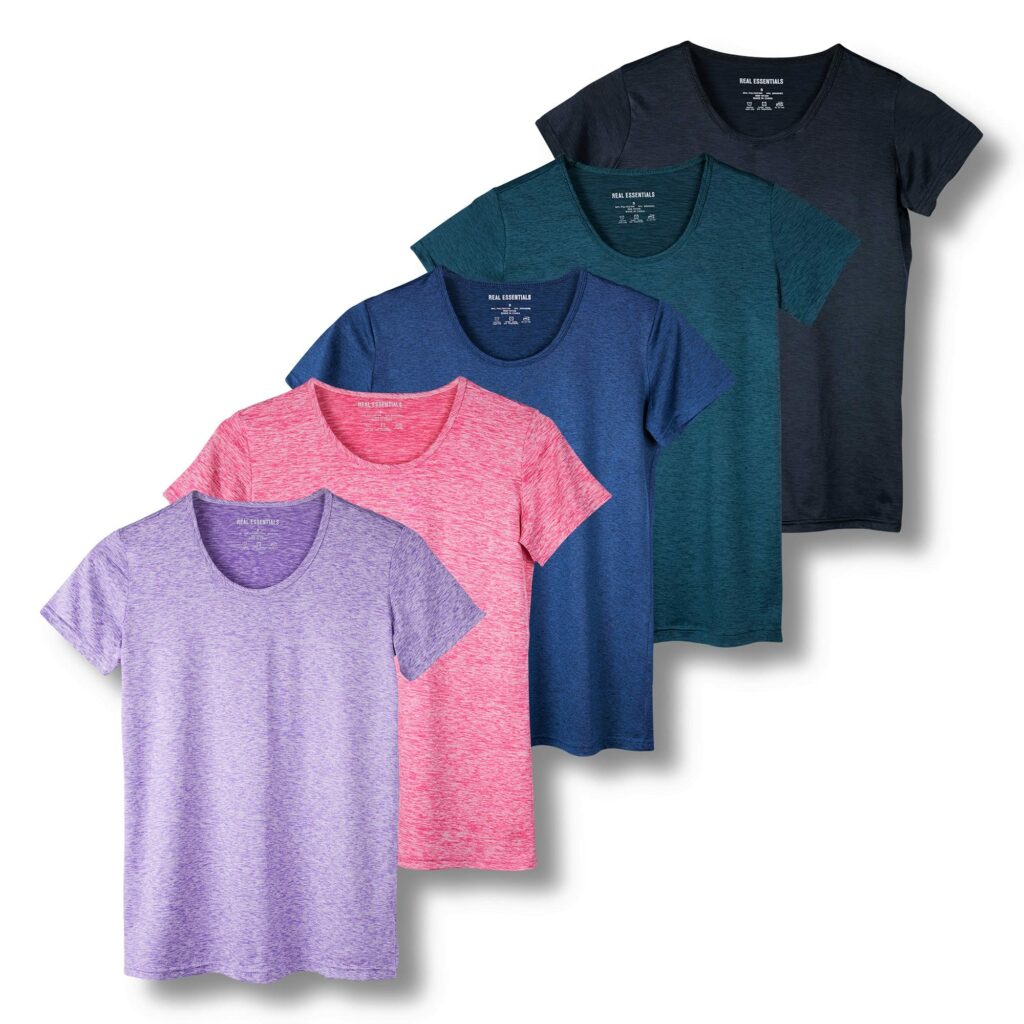 Real Essentials 5 Pack: Women's Dry Fit Tech Stretch Short-Sleeve Crew Neck Athletic T-Shirt (Available in Plus Size)