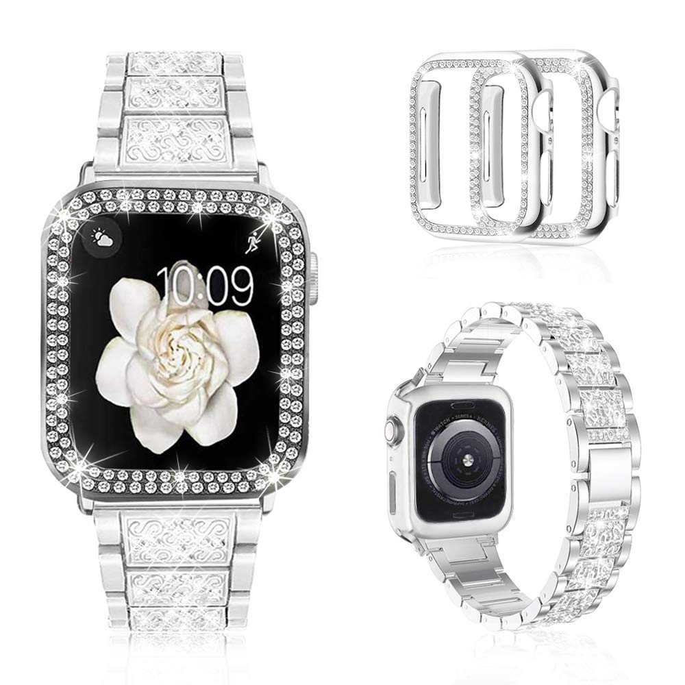 Mosonio Compatible with Apple Watch Band 38mm 40mm 41mm 42mm 44mm 45mm 46mm 49mm with 2 Pack Case Women, Jewelry Replacement Metal Bands Strap with Bling PC Protective Case for iWatch Ultra SE Series 10/9/8/7/6/5/4/3/2/1