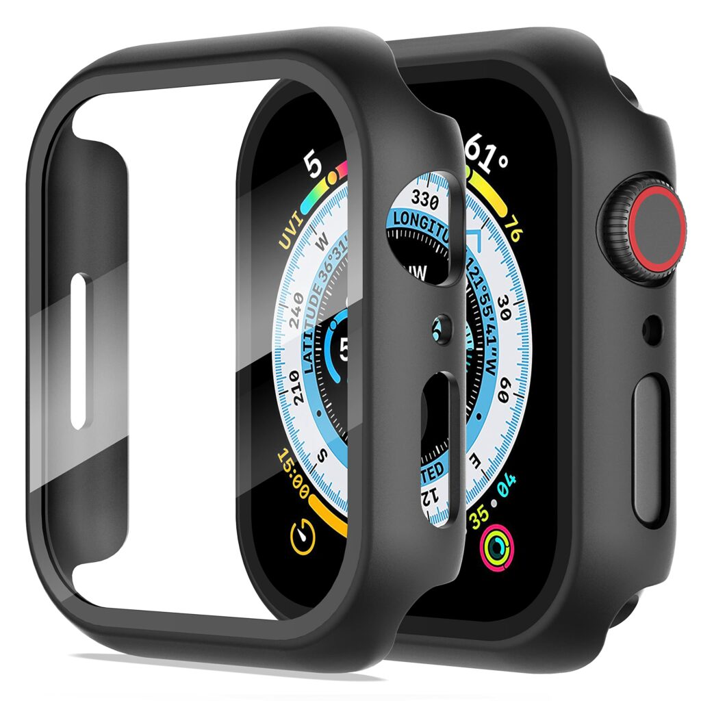 Diruite 2-Pack for Apple Watch Series 8/7/6/5/4/Series SE/SE 2 44mm All-Around Screen Protector Case, Tempered Glass Screen Protector Case Ultra-Thin for iWatch 44mm Protection Cover - Black