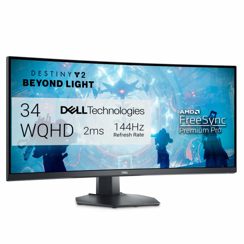 Dell S3422DWG Curved Gaming Monitor - 34 Inch 1800R Curved Screen with 144Hz Refresh Rate, WQHD (3440 x 1440) Display, HDMI, DP to DP 1.4 Cable, AMD FreeSync - Black