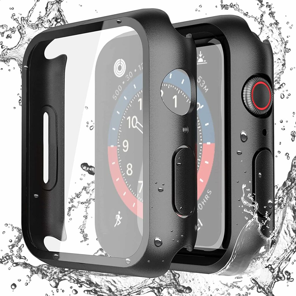 Misxi [2 Pack] Waterproof Black Hard Case with Tempered Glass Compatible with Apple Watch SE 2 (2024) SE Series 6 Series 5 Series 4 44mm, Ultra-Thin Protective Cover for iWatch Screen Protector