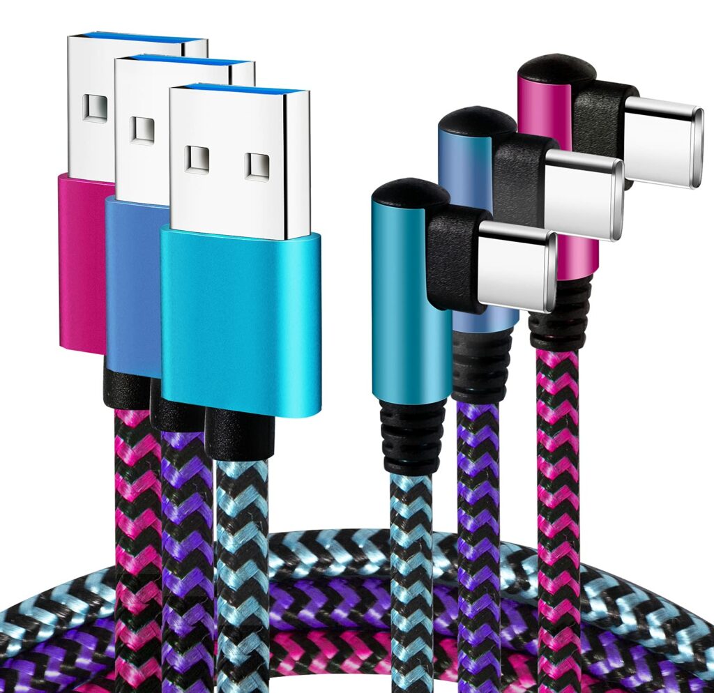 Teeind USB Type C Cable 2.1A Fast Charging: [90 Degree/6ft/3Pack] Nylon USB C Cord Right Angle Compatible with Samsung Galaxy S23/S22/9/Note 10, USB C Charger-Blue/Magenta/Purple