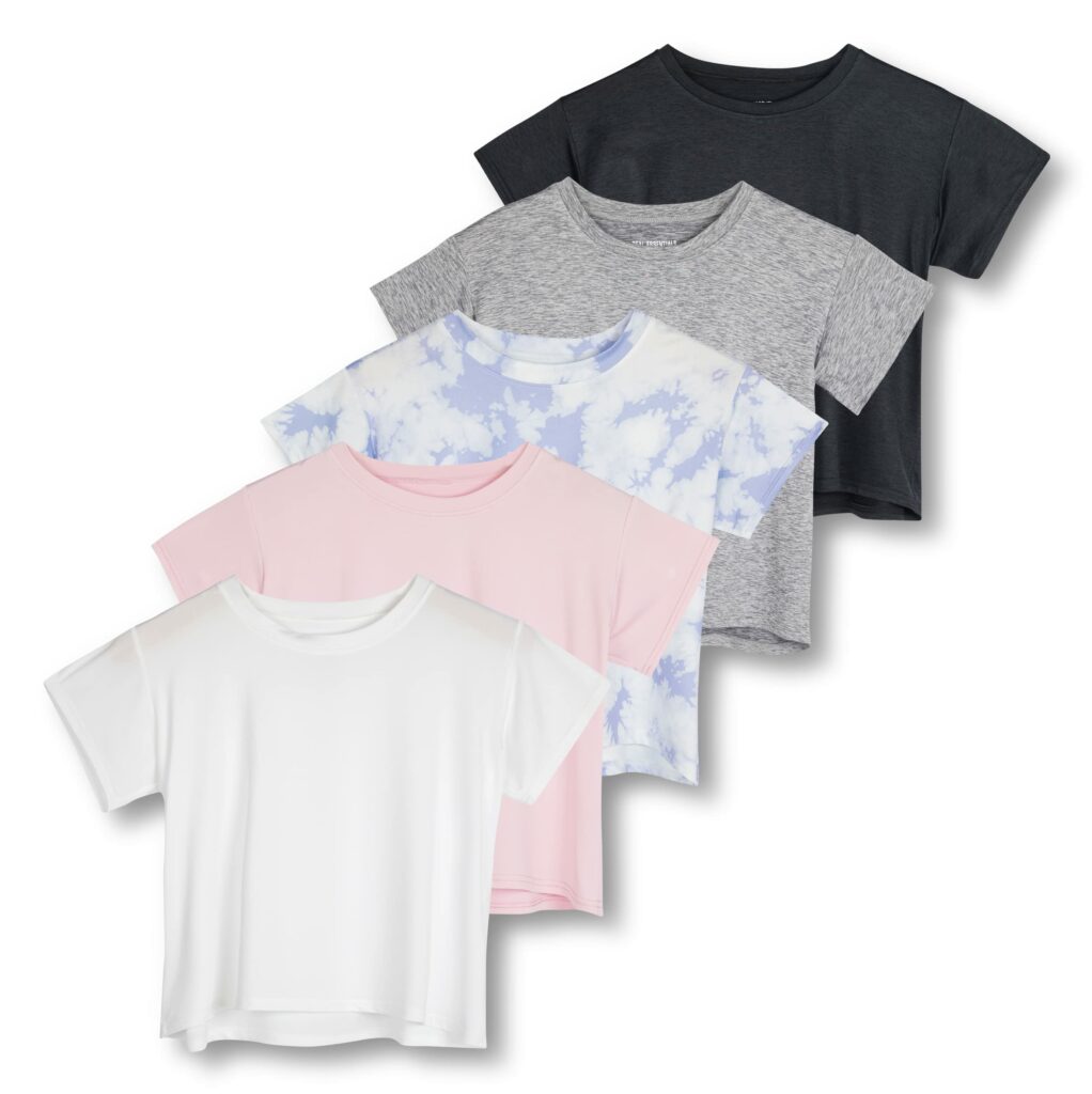 Real Essentials 5 Pack: Women's Dry Fit Crop Top - Short Sleeve Crew Neck Stretch Athletic Tee (Available in Plus Size)