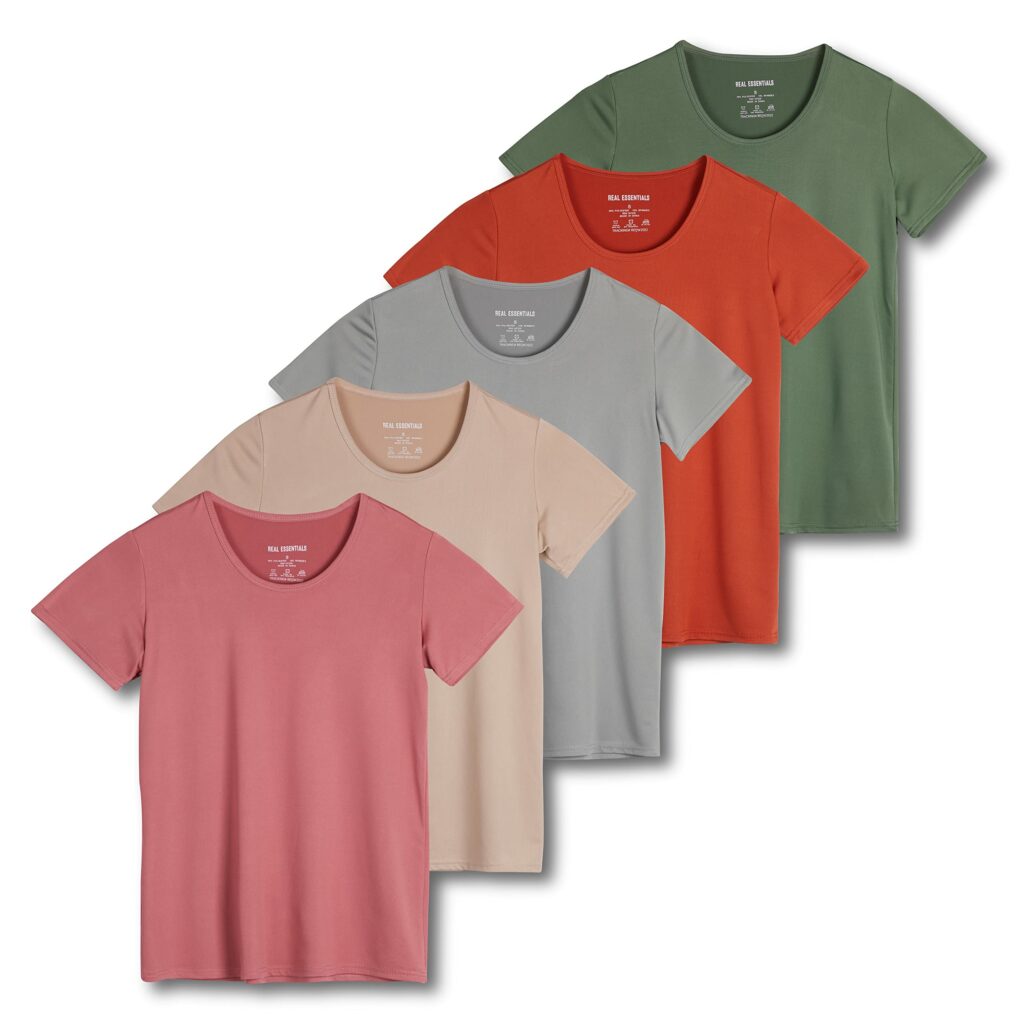 Real Essentials 5 Pack: Women's Dry Fit Tech Stretch Short-Sleeve Crew Neck Athletic T-Shirt (Available in Plus Size)