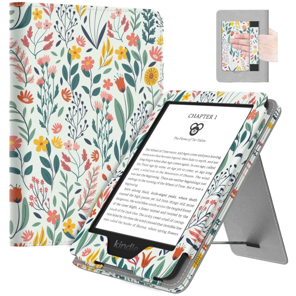 MoKo Case Fits All-New 6" Kindle (11th Generation, 2024/2022 Release)/ Kindle (10th Gen,2019)/Kindle (8th Gen, 2016), Ultra Lightweight PU Shell Cover with Auto Wake/Sleep for Kindle 2024, Flowers