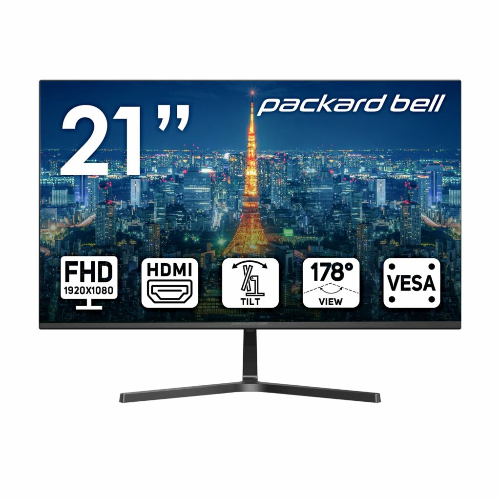 Packard Bell airFrame 21" FHD Monitor, 1920x1080, Ultrawide, VESA Mount Compatible, Tilt Adjustment, HDMI/VGA, Slim Bezel, for Home, Office, and Light Gaming