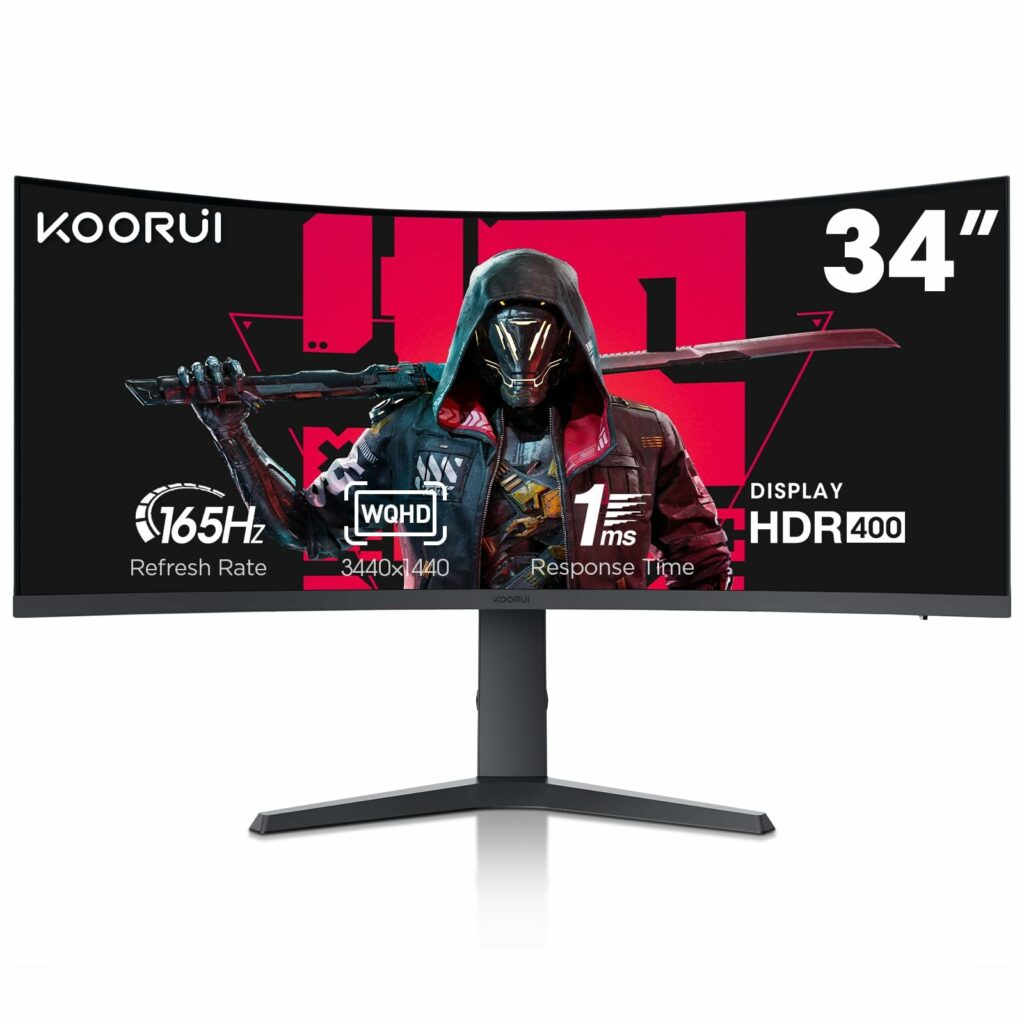 KOORUI 34-inch Ultrawide Curved WQHD 3440×1440 Gaming Monitor, 165Hz 144Hz Curved 1000R- PIP/PBP, 1ms(MPRT) with DisplayHDR 400, DCI-P3 90% Color Gamut, FreeSync Premium, HDMI/DisplayPort, 34E6UC