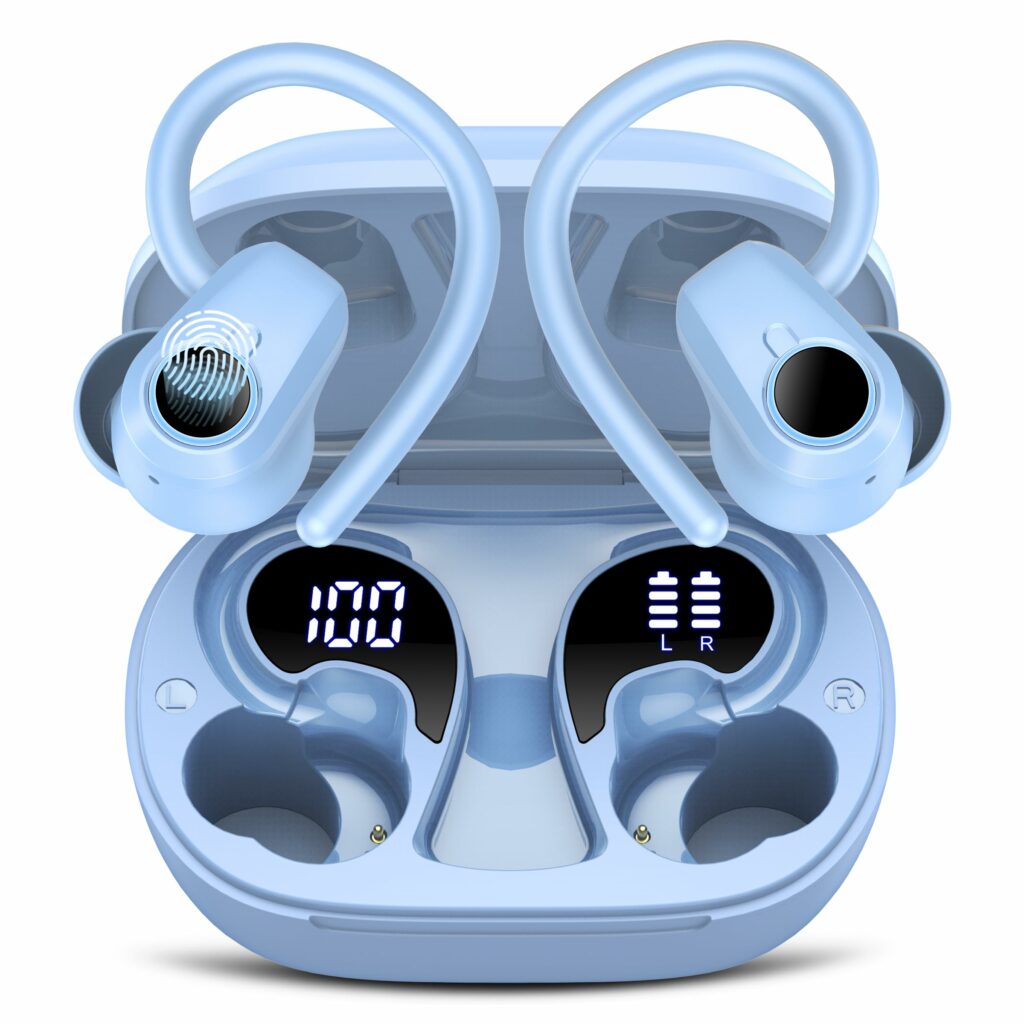 Wireless Earbuds, Bluetooth Headphones 5.3 Sport, 50H Ear buds with Earhooks, 2023 Dual LED DisplayBluetooth Earbuds, HD Deep Bass Stereo Noise Cancelling Headphones, IP7 Waterproof Earphones, Blue