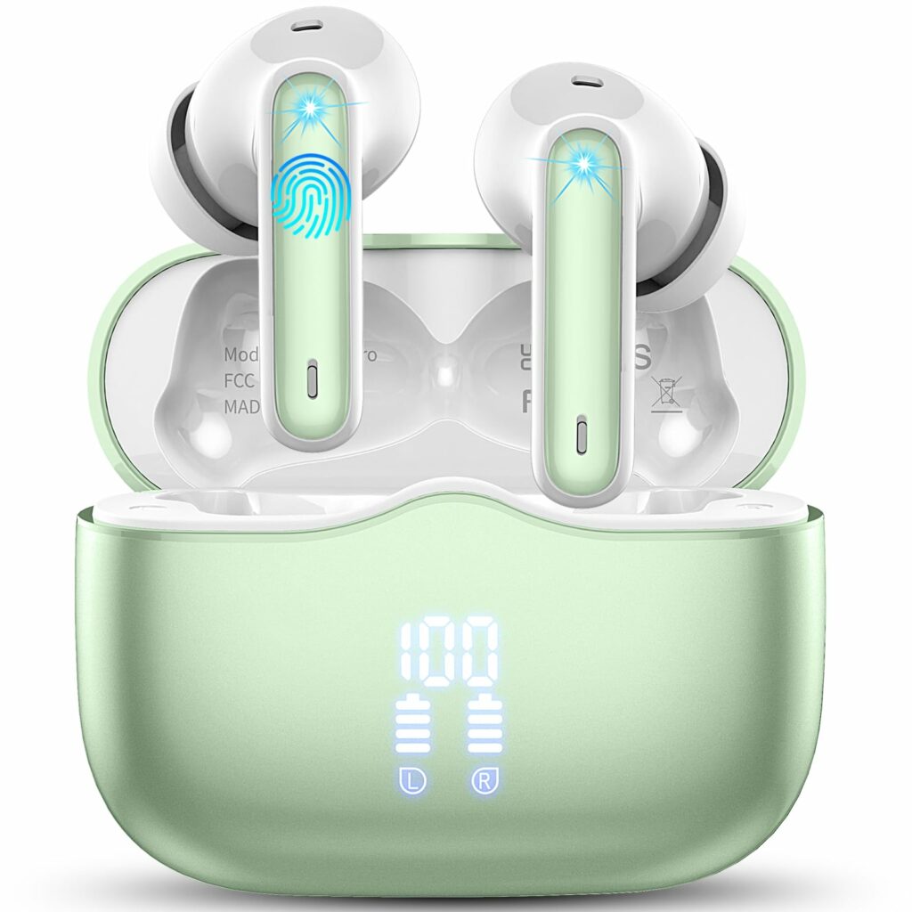 Wireless Earbuds, Bluetooth 5.3 Headphones in Ear with HiFi Stereo Deep Bass, 4 ENC Noise Cancelling Mic Wireless Earphones 40H Playtime, Bluetooth Earbuds Dual LED Display IP7 Waterproof, Green