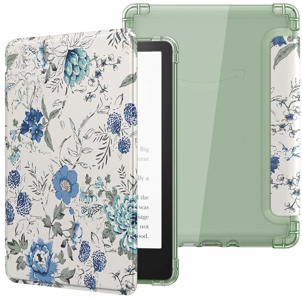 MoKo Case for 6.8" Kindle Paperwhite 11th Generation 2021&Kindle Paperwhite Signature Edition, Ultra Clear Soft Flexible Transparent TPU Back Cover Light Shell with Auto Wake/Sleep, White Blue Floral