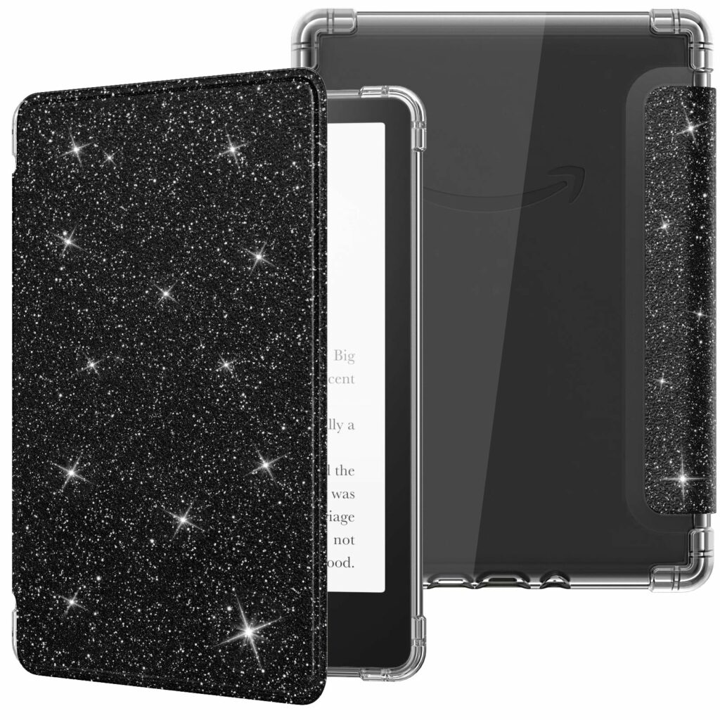 MoKo Case for 6.8" Kindle Paperwhite 11th Generation 2021&Kindle Paperwhite Signature Edition, Ultra Clear Soft Flexible Transparent TPU Back Cover Light Shell with Auto Wake/Sleep, Black & Glitter