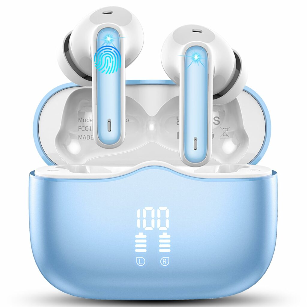 Wireless Earbuds, Bluetooth 5.3 Headphones in Ear with HiFi Stereo Deep Bass, 4 ENC Noise Cancelling Mic Wireless Earphones 40H Playtime, Bluetooth Earbuds Dual LED Display IP7 Waterproof, Lake Blue