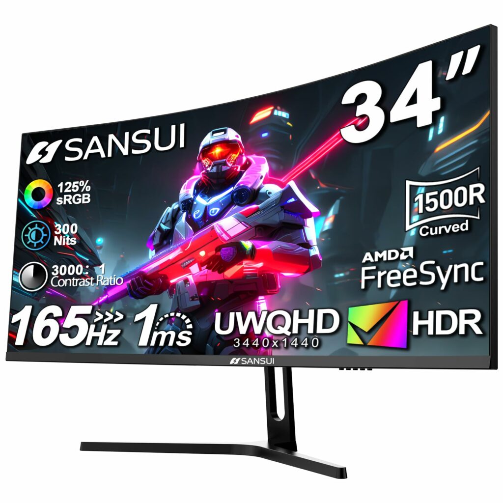 SANSUI 34-Inch Curved Gaming Monitor UWQHD 3440 x 1440 165Hz Curved 1500R - PIP/PBP, 1ms(MPRT), HDR, 300nits, sRGB 125%, DCI-P3 95%,FreeSync,HDMI2.1(TMDS) x2,DP1.4 x2(ES-G34C5 DP Cable Included)