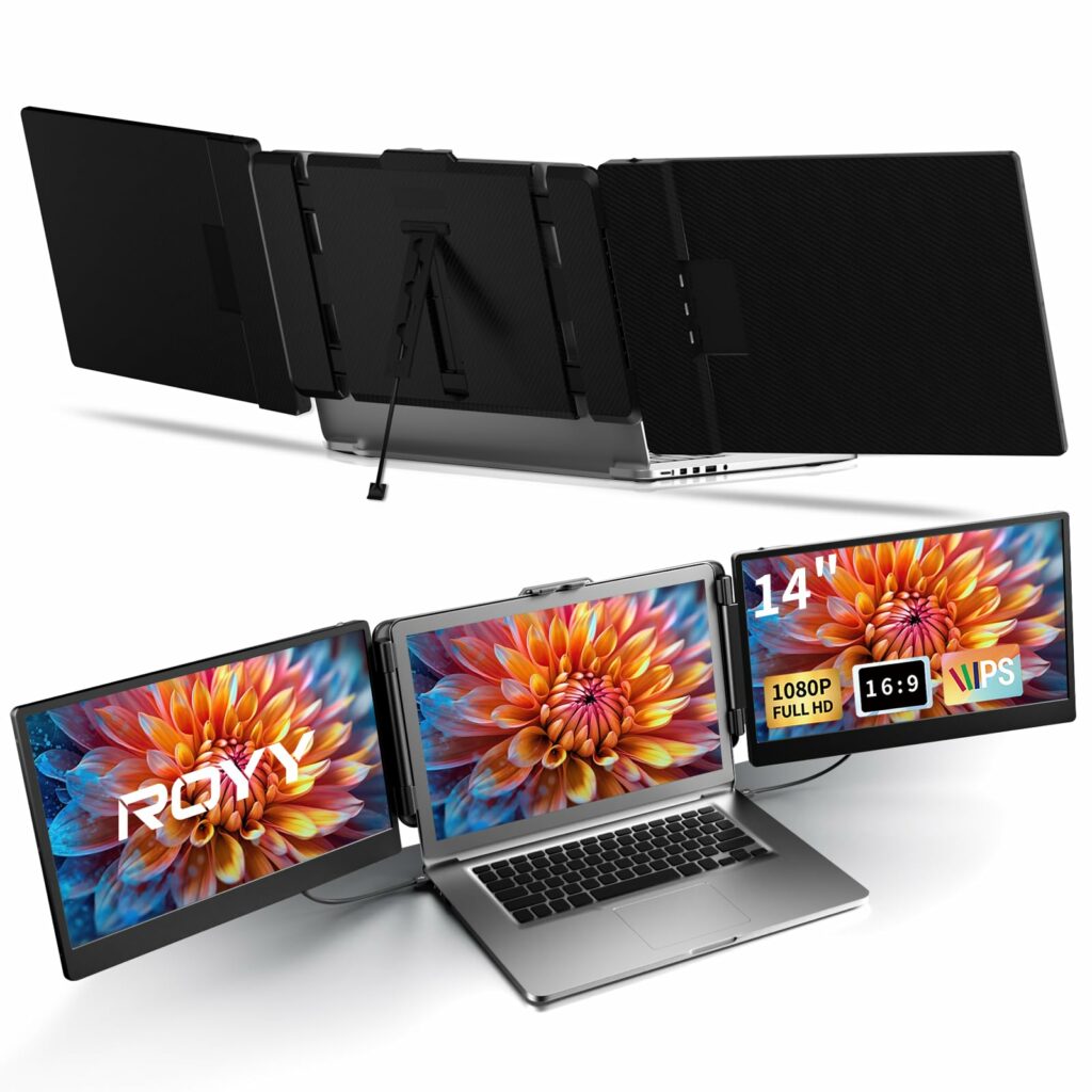 Laptop Screen Extender Triple Monitor - 14" Portable Monitor FHD 1080P Tri-screen Attachment Extended for Laptop Extra Screen Compatible with Windows Mac Dex Chrome Travel Work Fits 13-17" Laptops