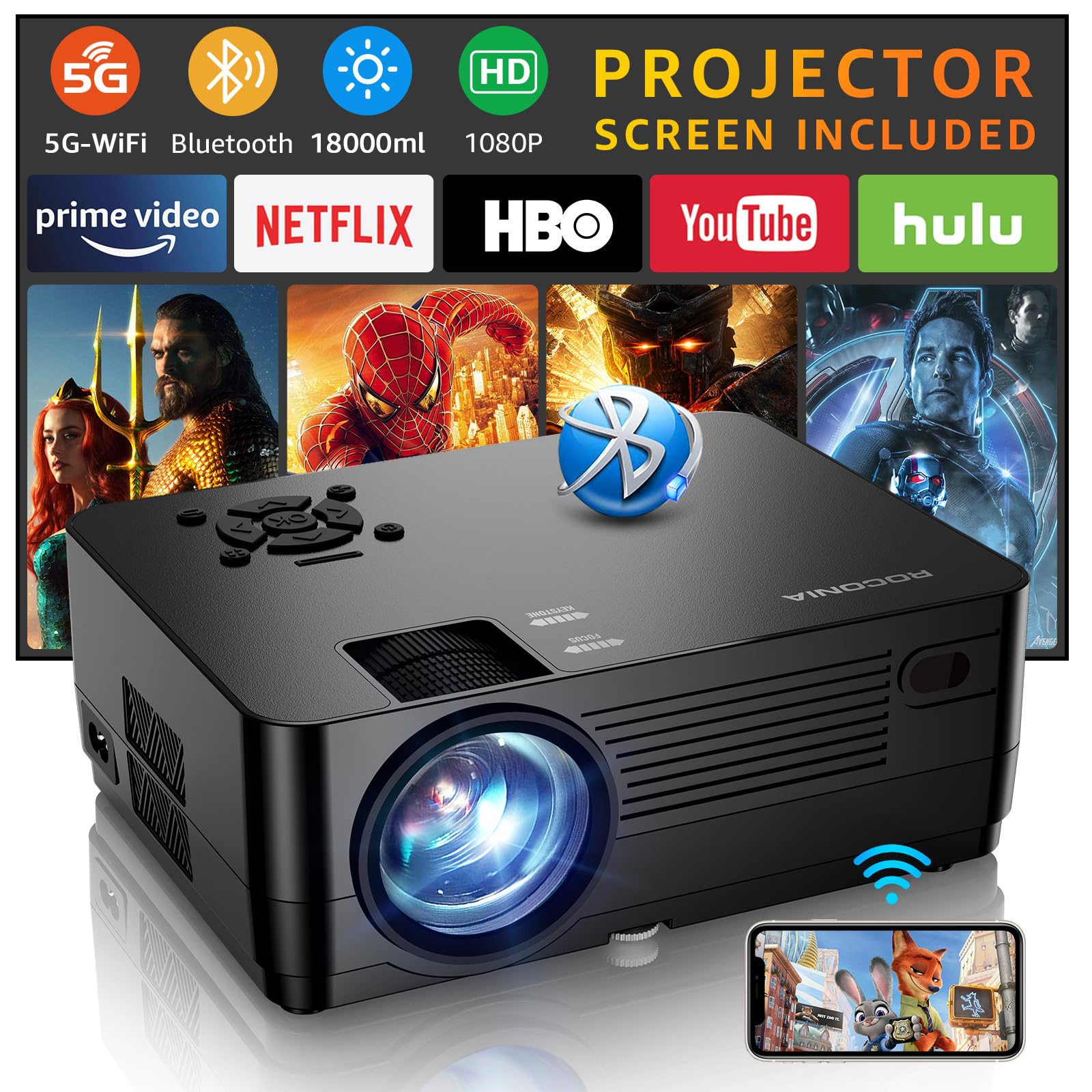 Projector with 5G WiFi and Bluetooth