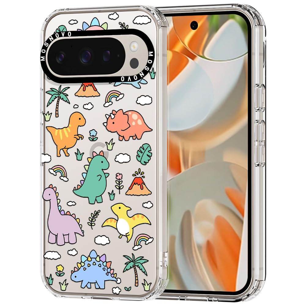 MOSNOVO Case for Google Pixel 9 Pro XL, [Buffertech 6.6ft Military-Grade Drop Protection] [Anti Peel Off Tech] Clear TPU Bumper Phone Case Cover Design - Dinosaur Land