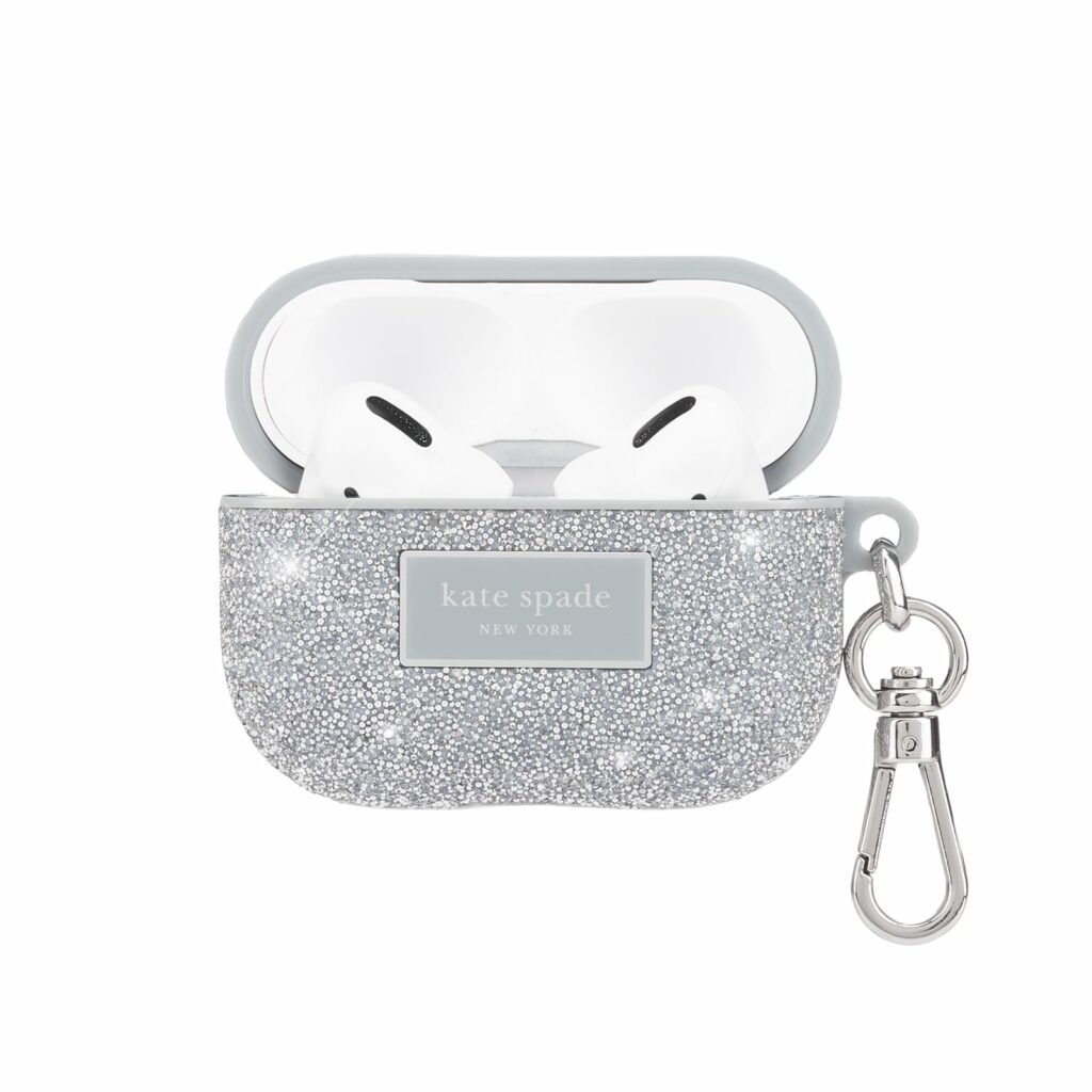 Kate Spade New York AirPods Pro Protective Case with Keychain Ring - Crystal Pave Silver, Compatible with AirPods Pro 2nd / 1st Generation