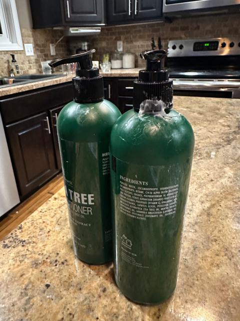 Damaged Tea Tree Oil Shampoo and Conditioner Bottles