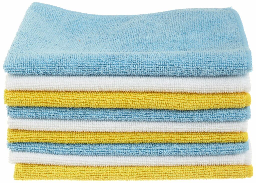 Amazon Basics Microfiber Cleaning Cloths, Lint Free, Absorbent, Streak Free, Non-Abrasive, Reusable and Washable, Pack of 24, Blue/White/Yellow, 16" x 12"