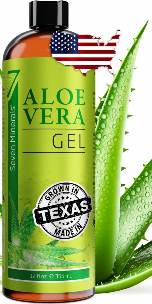 Seven Minerals Organic Aloe Vera Gel from freshly cut 100% Pure Aloe - Big 12oz - HighestQuality, Texas grown, Vegan, Unscented - For Face, Skin, Hair, Sunburn relief