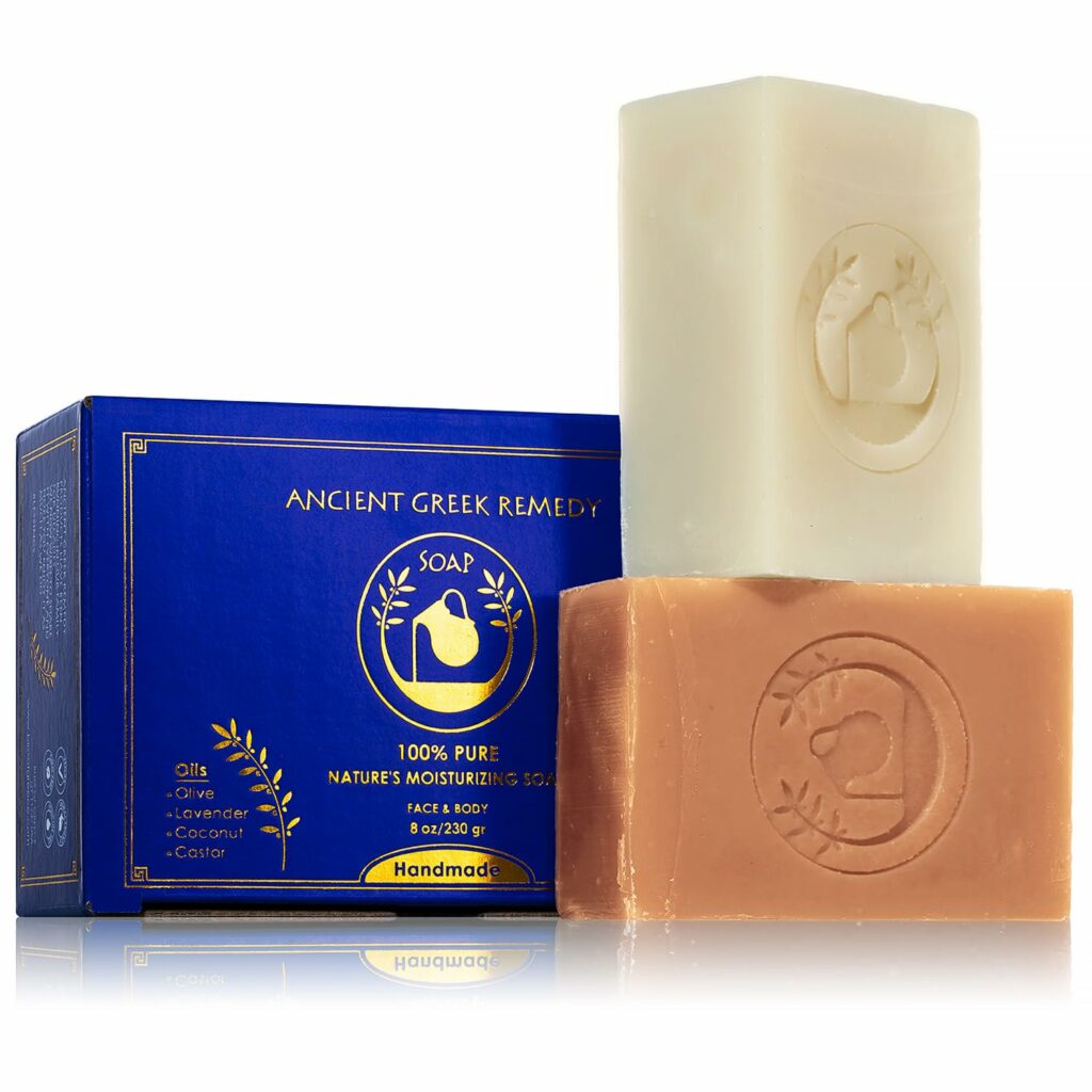 Ancient Greek Remedy Organic Face and Body Soap Bars for Dry, Normal and Sensitive Skin. Gentle Wash Treatment for Acne, Eczema, Psoriasis, Dark Spots and Rosacea With soap Holder (2)