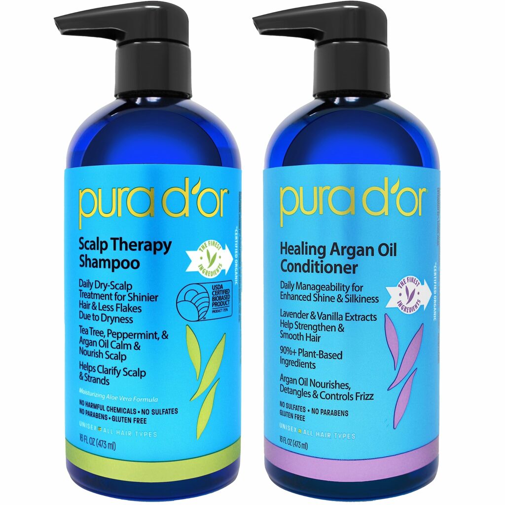 PURA D'OR Scalp Therapy Shampoo & Conditioner Set (16oz x 2) Dry, Itchy Scalp-Hydrates & Nourishes Hair w/Tea Tree, Peppermint, Argan Oil & Biotin, All Hair Type, 3 in 1, Men Women (Packaging Varies)