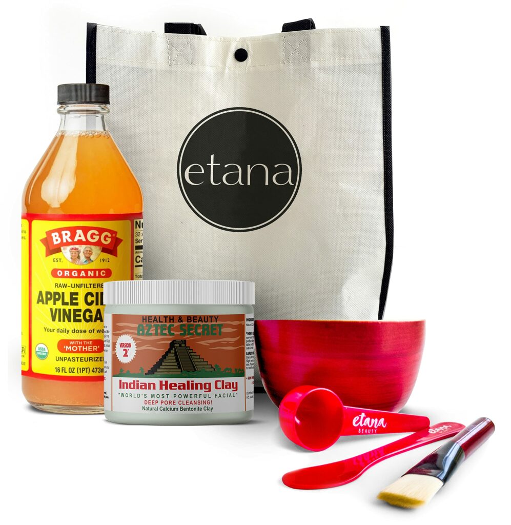 Aztec Secret Aztec Clay Premium Mask Set by Etana Beauty – All-In-One Kit Includes 1lb Indian Healing Clay, 16oz Bragg's Apple Cider Vinegar, Natural Bamboo Bowl, Stir, Scoop, Brush & Tote