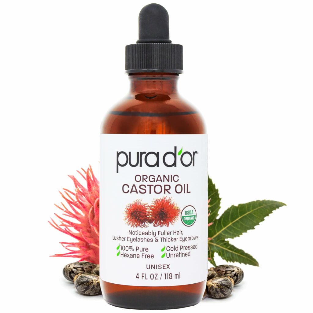 PURA D'OR 4 Oz ORGANIC Castor Oil - 100% Pure USDA Certified Cold Pressed, Hexane Free Eyelash & Eyebrow Serum - For Fuller, Thicker Lashes & Brows - Skin & Hair