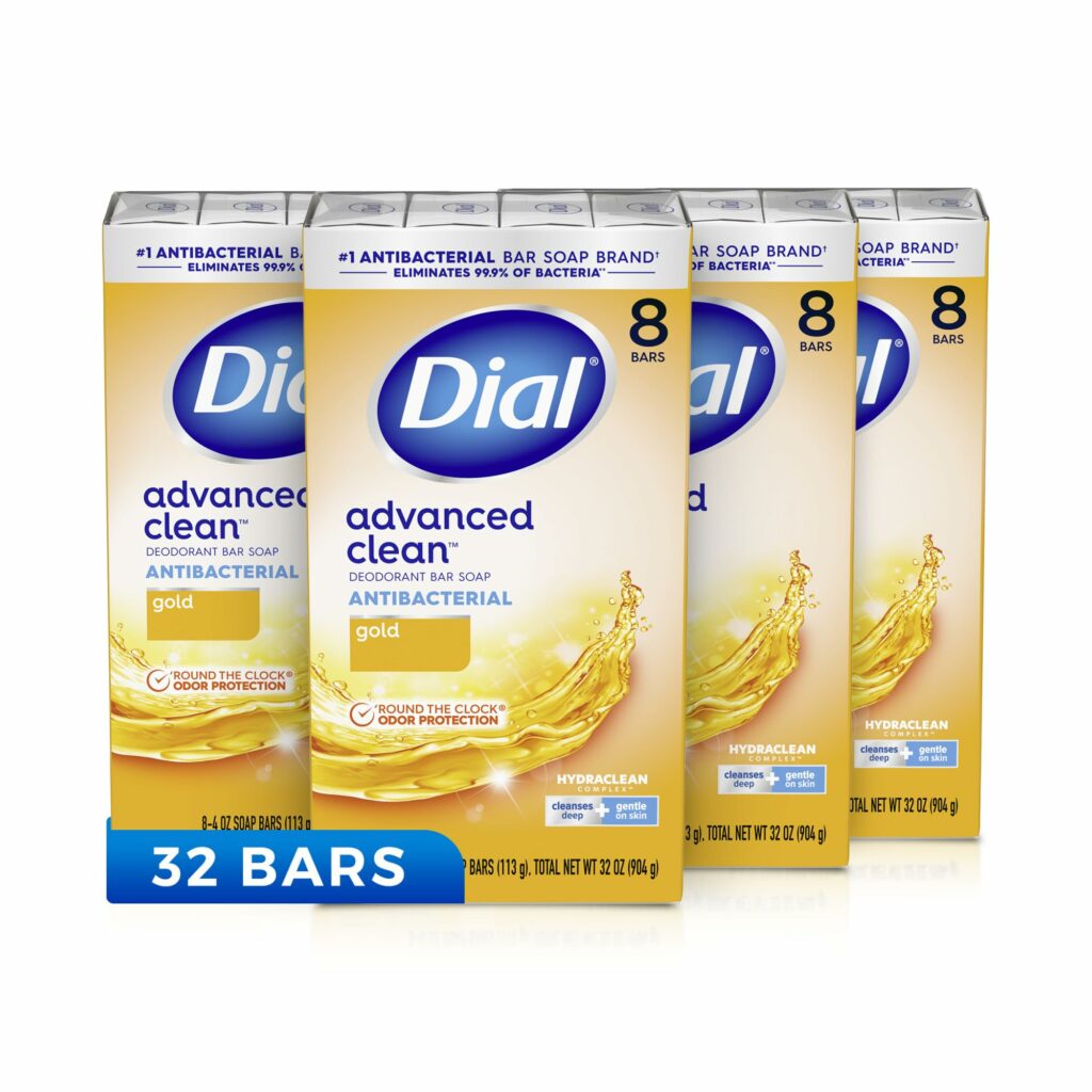 Dial Antibacterial Deodorant Bar Soap, Advanced Clean, Gold, 4 Oz, 32 Bars