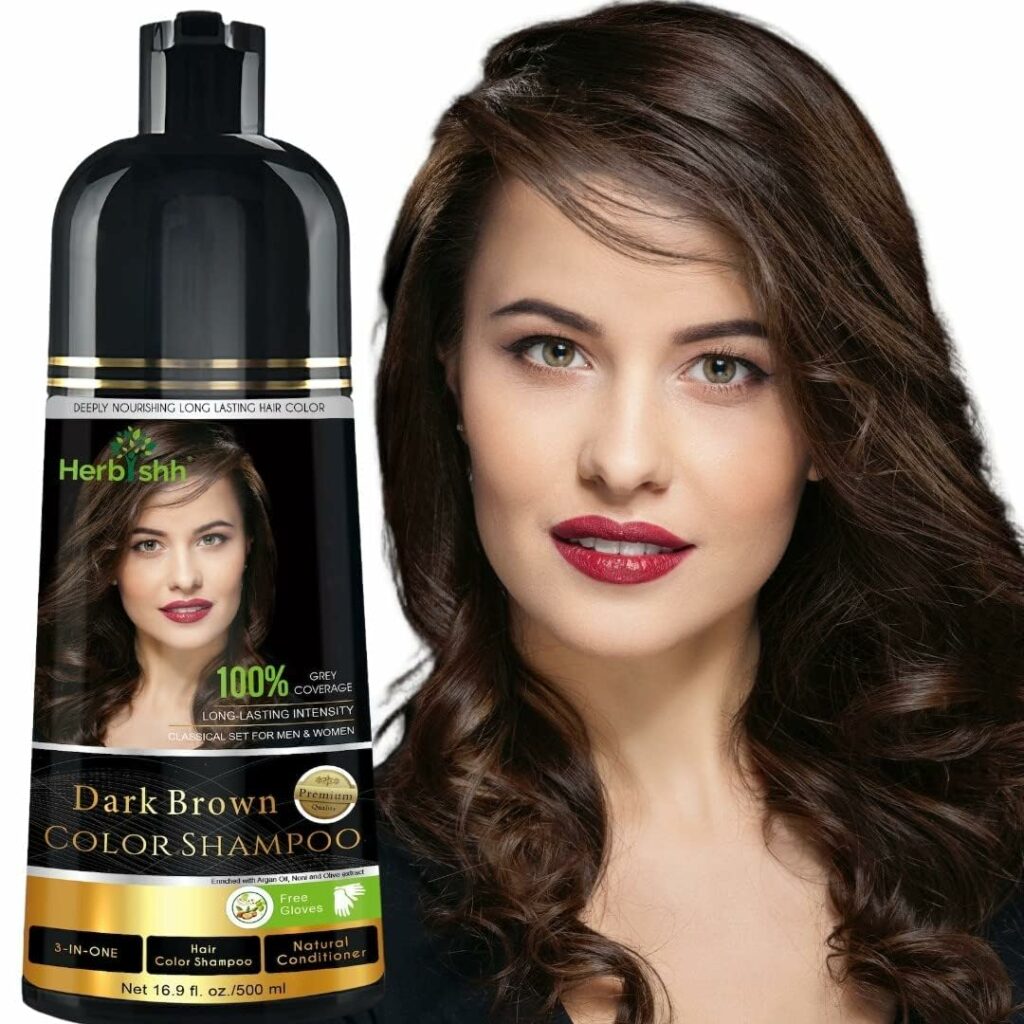 Herbishh Hair Color Shampoo - Magic Dye for Gray Hair, Lasting Color in Minutes - 500 Ml, 3-In-1, Ammonia-Free (Dark Brown)