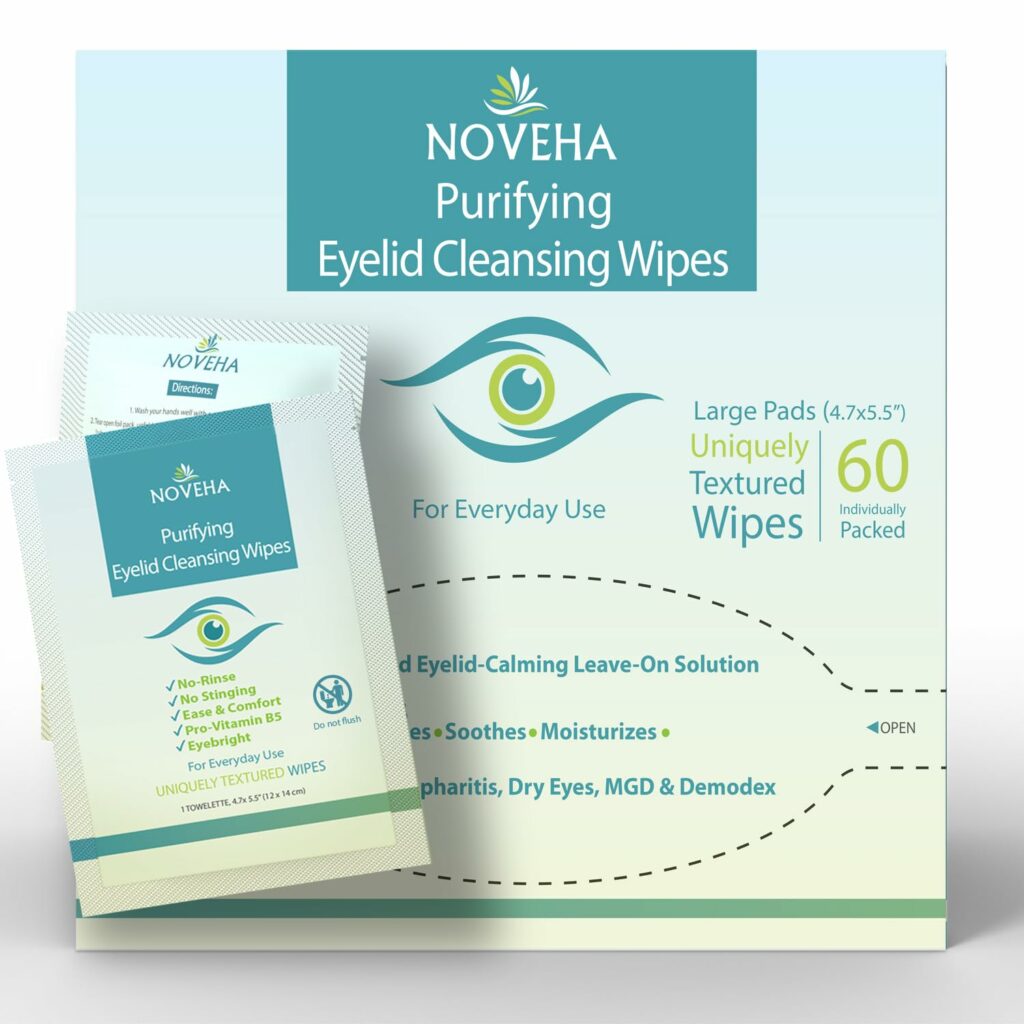 NOVEHA Eyelid & Lash Wipes | For Itchy, Dry Eyes, Styes & Blepharitis, Demodex | lid and lash Cleansing Wipes, Hypoallergenic & Soothing For Sensitive Eyes, Pack of 60