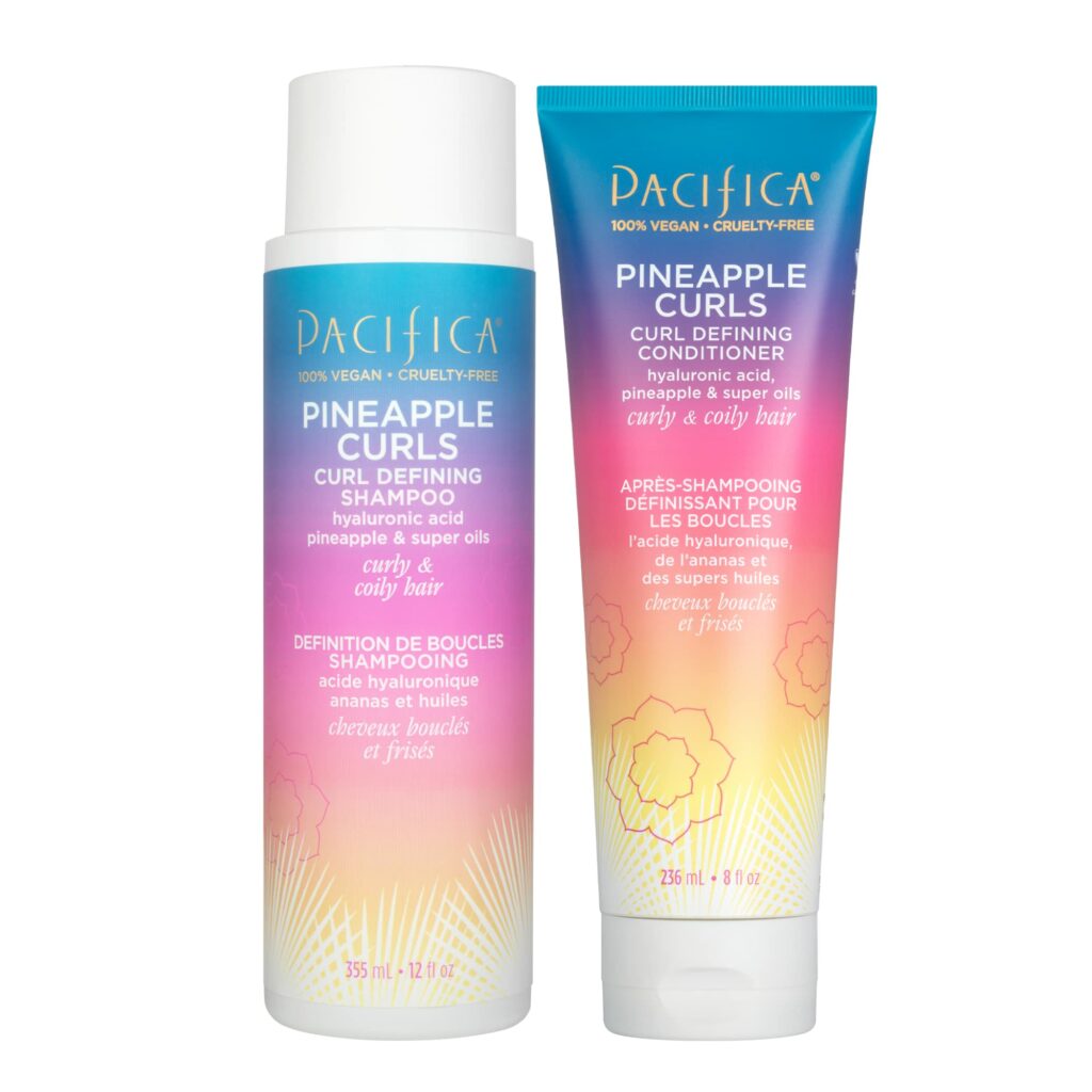 Pacifica Shampoo & Conditioner Set - Pineapple Curls Curl Defining Hair Care, Hyaluronic Acid, Coconut Oil, No Frizz, For Curly Coily Hair Clean Vegan & Cruelty-Free Dermatologist Tested