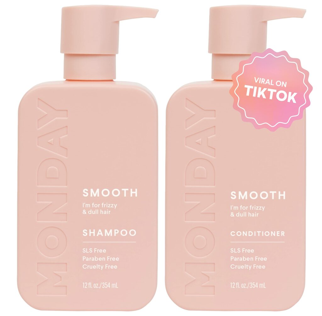 MONDAY HAIRCARE Smooth Shampoo + Conditioner Bathroom Set (2 Pack) 12oz Each for Frizzy, Coarse, and Curly Hair, Made from Coconut Oil, Shea Butter, & Vitamin E, 100% Recyclable Bottles, Pink