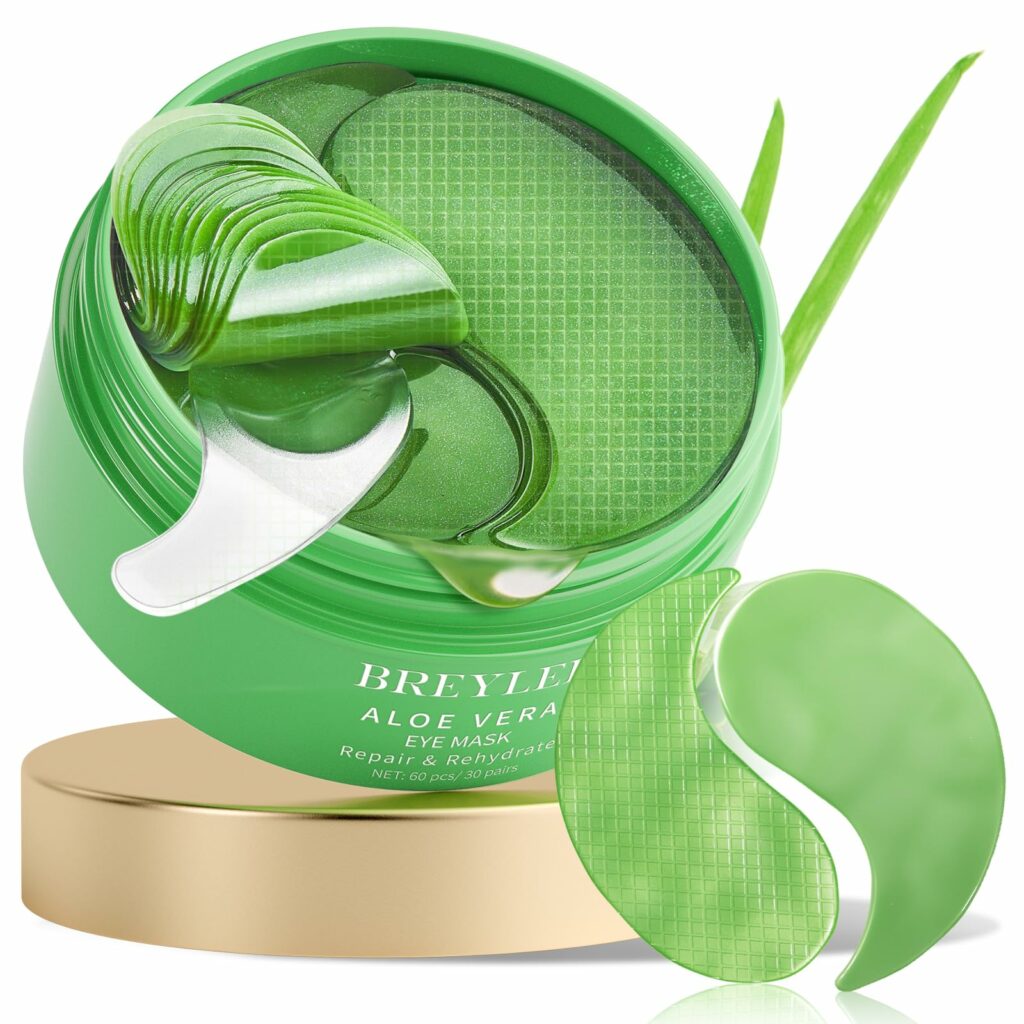 BREYLEE Aloe Vera Eye Masks - 60 Pcs - Reduce Puffy Eyes & Dark Circles, Firm & Improve Under Eye Skin, Pure Natural Extracts for Youthful Appearance & Reduction of Fine Lines and Wrinkles.