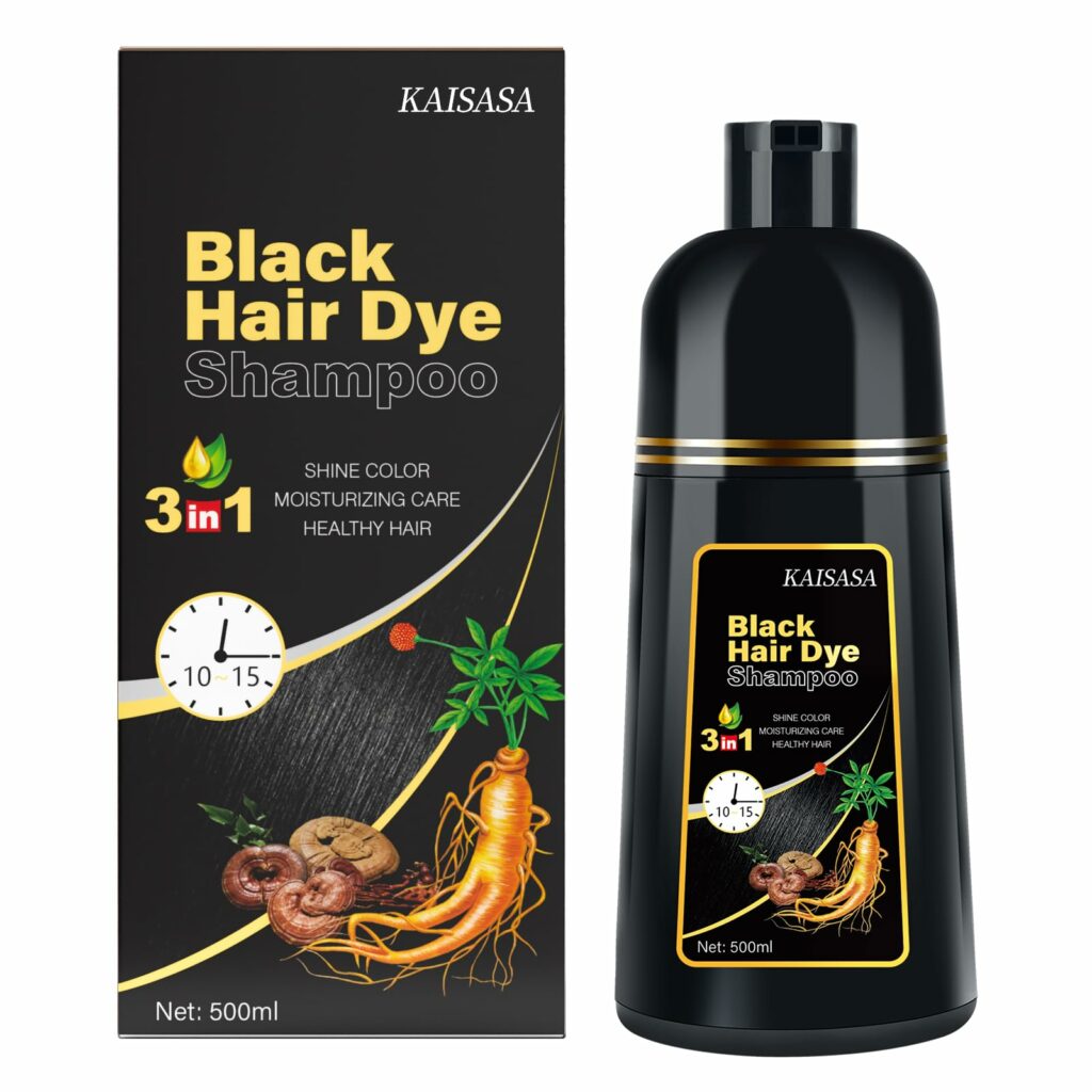 KINGMING Black Hair Dye Shampoo 3 in 1 for Gray Hair, Hair Color Shampoo for Women Men Grey Hair Coverage, Herbal Ingredients Champu Con Tinte Para Canas 500ml (Black).