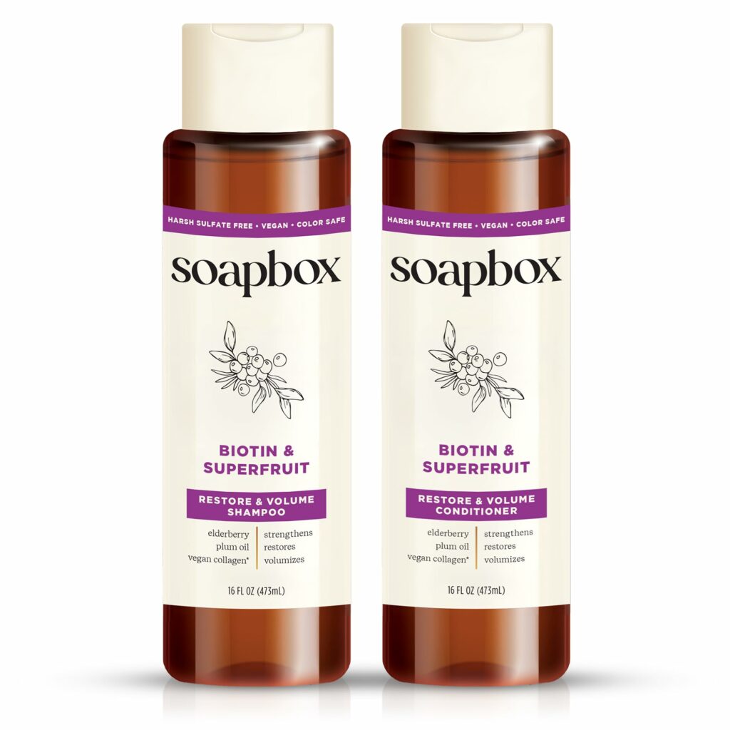 Soapbox Biotin & Superfruit Shampoo & Conditioner Set with Vegan Collagen, Aloe and Shea Butter, Pack of 2 Sulfate Free, Paraben Free, Silicone Free, Color Safe and Vegan Hair Products, 16 Ounces Each