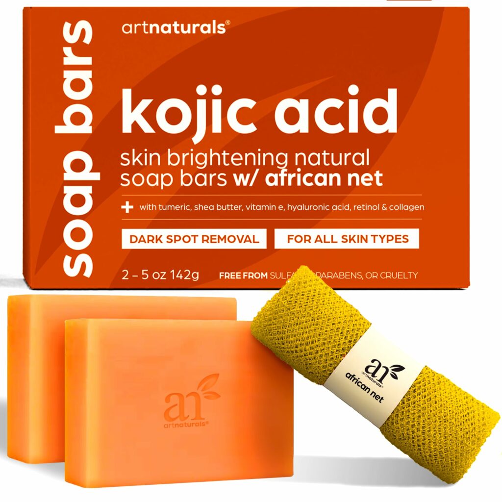 Artnaturals Kojic Acid Soap + African Net Sponge (2 pack X 142g Turmeric bars) Dark spot remover & Scars - Original Japanese Complex Vitamin C, Hyaluronic Acid, retinol, shea butter (Citrus)