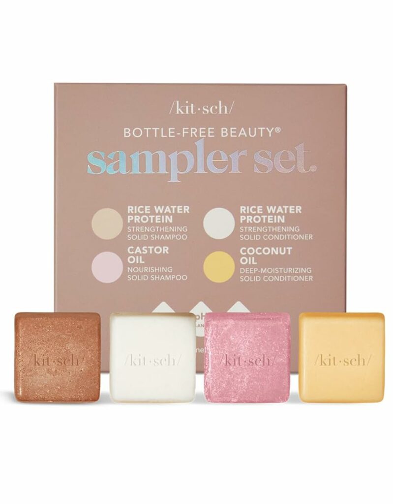 Kitsch 4pc Sampler Solid Shampoo and Conditioner Bar Set - Rice Bar Shampoo and Conditioner Bar, Growth, Castor Oil Shampoo Bar & Coconut Oil Deep-Moisturizing Hair Conditioner Bar, Zero Waste